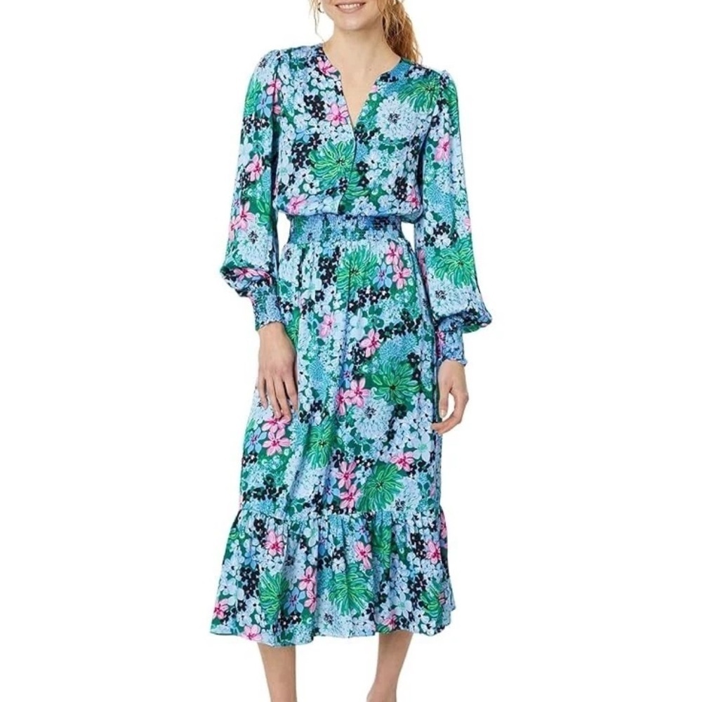 NWOT Lilly Pulitzer Loubella Smocked Midi Dress 00 Soirée All Day Print Floral